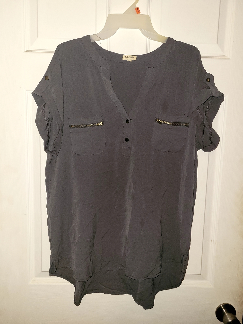 Lily White Slate Gray Short-Sleeve Henley Tunic with Zip Pockets